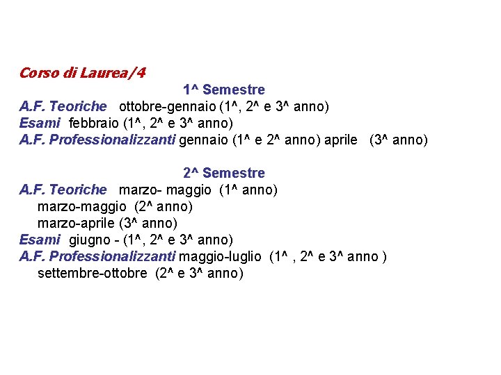 Corso di Laurea/4 1^ Semestre A. F. Teoriche ottobre-gennaio (1^, 2^ e 3^ anno) Corso di Laurea/4 1^ Semestre A. F. Teoriche ottobre-gennaio (1^, 2^ e 3^ anno)