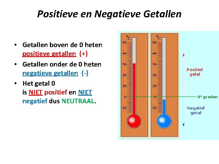 Positieve en Negatieve Getallen • Getallen boven de 0 heten positieve getallen (+) •