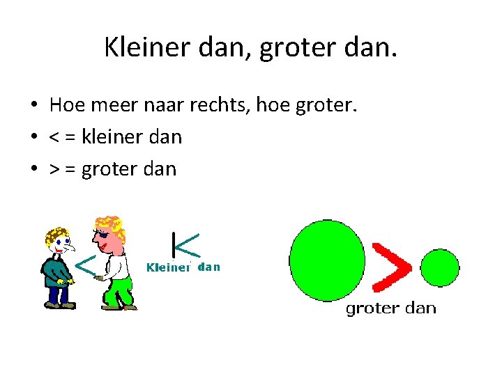 Kleiner dan, groter dan. • Hoe meer naar rechts, hoe groter. • < =