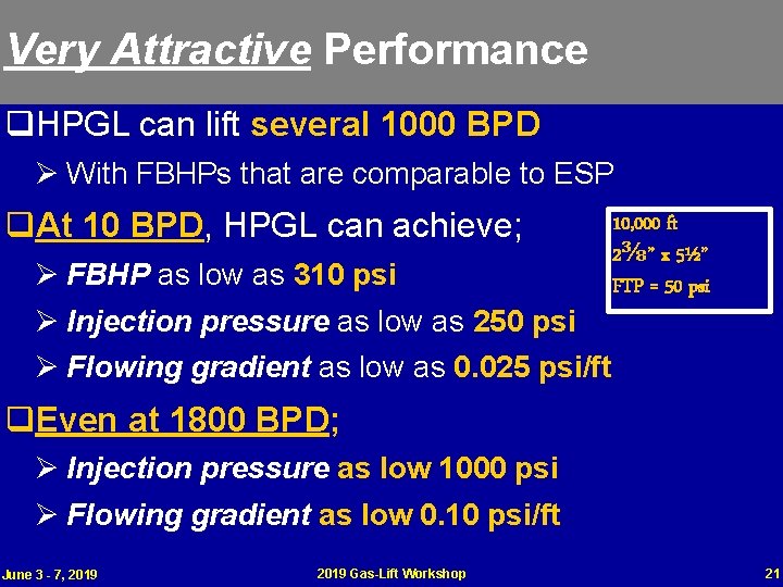 Very Attractive Performance q. HPGL can lift several 1000 BPD Ø With FBHPs that