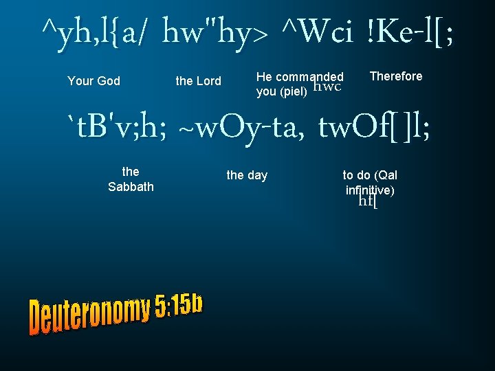 ^yh, l{a/ hw"hy> ^Wci !Ke-l[; Your God the Lord He commanded you (piel) hwc