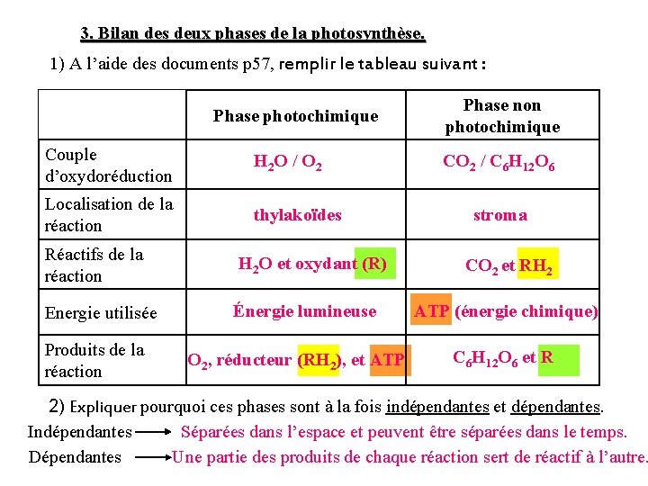 3. Bilan des deux phases de la photosynthèse. 1) A l’aide des documents p