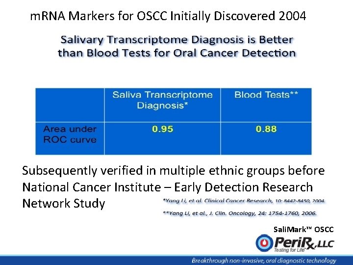 m. RNA Markers for OSCC Initially Discovered 2004 Subsequently verified in multiple ethnic groups