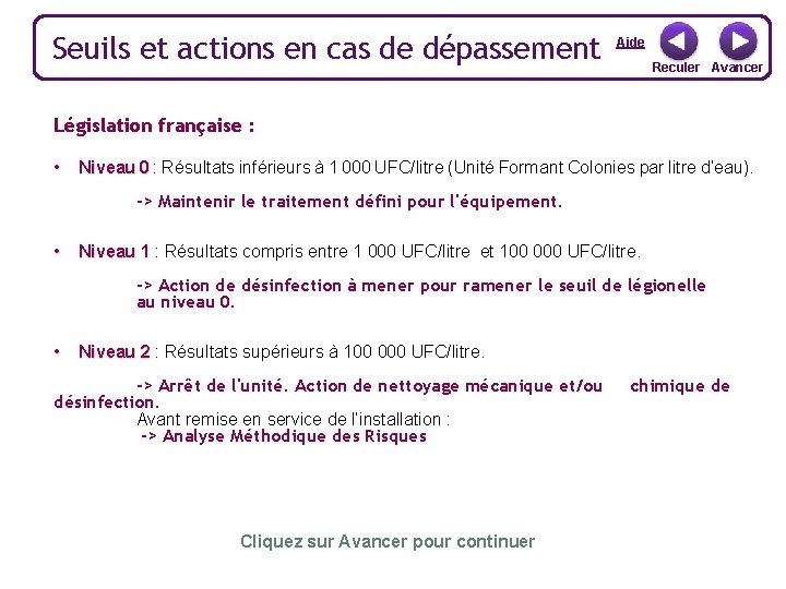 Seuils et actions en cas de dépassement Aide Reculer Avancer Législation française : •