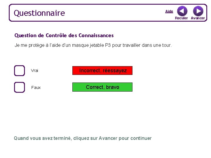 Questionnaire Aide Reculer Avancer Question de Contrôle des Connaissances Je me protège à l’aide