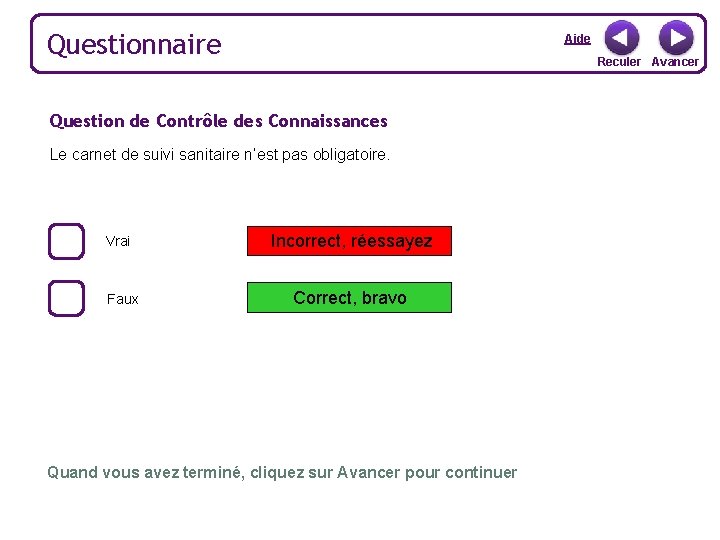 Questionnaire Aide Reculer Avancer Question de Contrôle des Connaissances Le carnet de suivi sanitaire