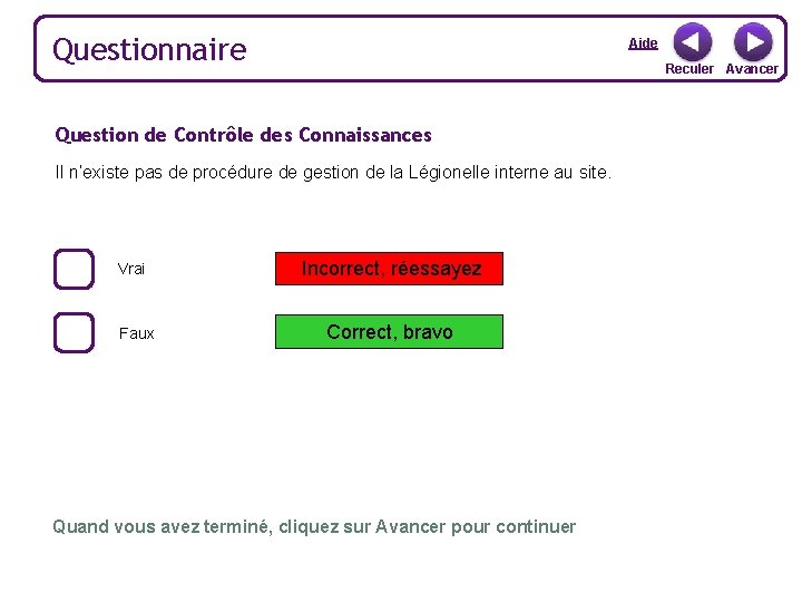 Questionnaire Aide Reculer Avancer Question de Contrôle des Connaissances Il n’existe pas de procédure