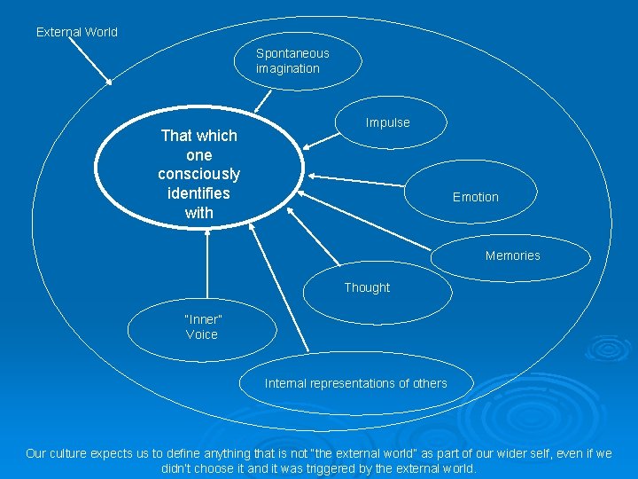 External World Spontaneous imagination That which one consciously identifies with Impulse Emotion Memories Thought