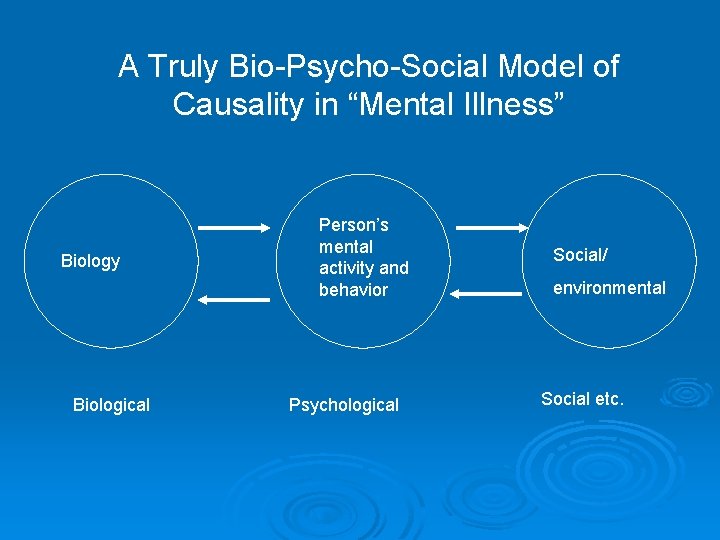 A Truly Bio-Psycho-Social Model of Causality in “Mental Illness” Biology Biological Person’s mental activity