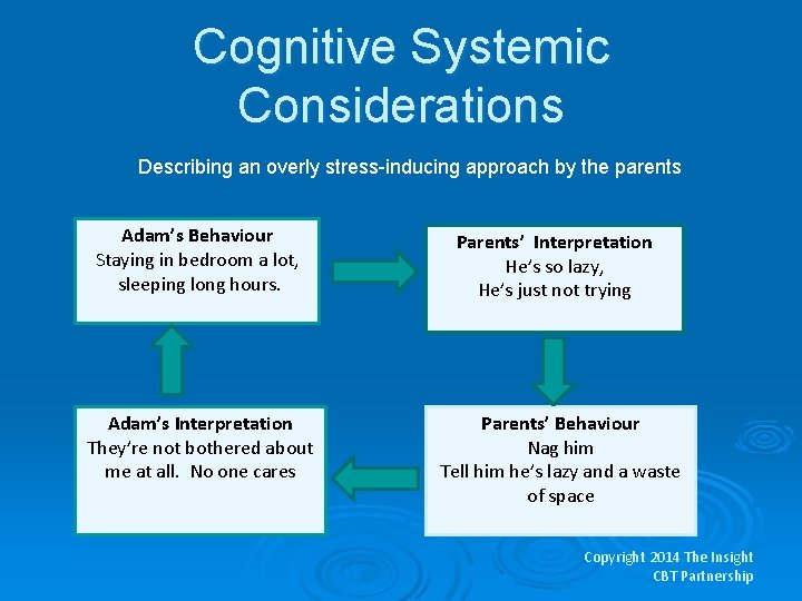 Cognitive Systemic Considerations Describing an overly stress-inducing approach by the parents Adam’s Behaviour Staying