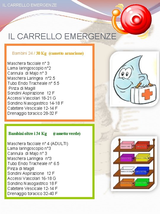 IL CARRELLO EMERGENZE Bambini 24 / 30 Kg (cassetto arancione) Maschera facciale n° 3