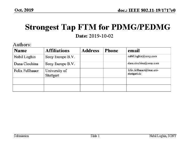 Oct. 2019 doc. : IEEE 802. 11 -19/1717 r 0 Strongest Tap FTM for