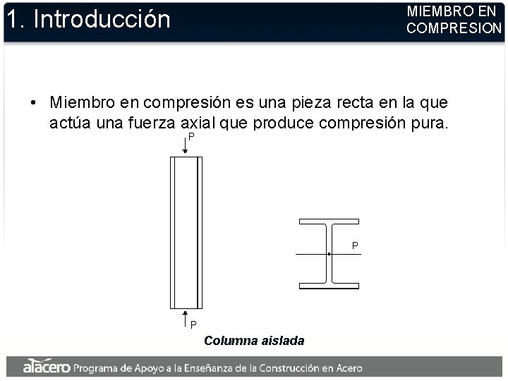 MIEMBRO EN COMPRESION 1. Introducción • Miembro en compresión es una pieza recta en