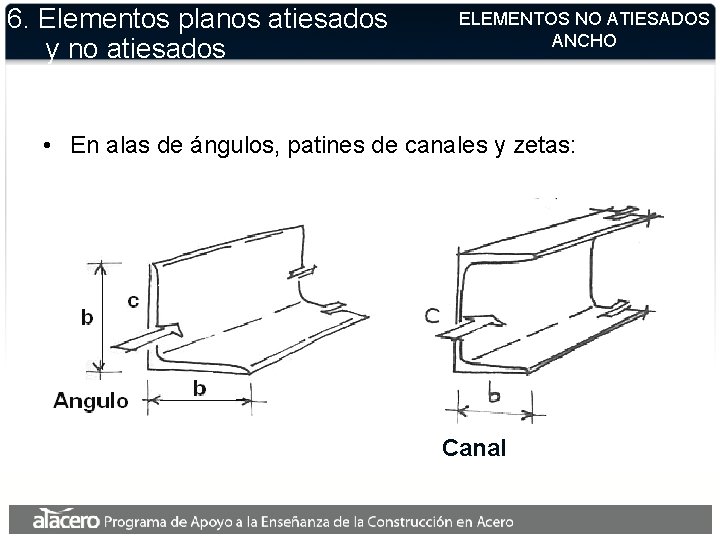 6. Elementos planos atiesados y no atiesados ELEMENTOS NO ATIESADOS ANCHO • En alas 6. Elementos planos atiesados y no atiesados ELEMENTOS NO ATIESADOS ANCHO • En alas