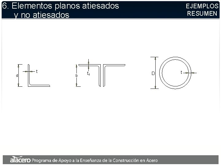 6. Elementos planos atiesados y no atiesados d t b tf EJEMPLOS RESUMEN D