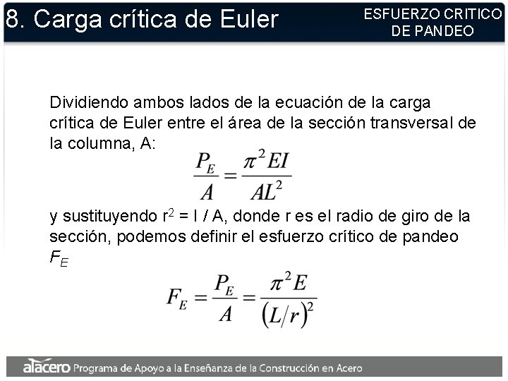 8. Carga crítica de Euler ESFUERZO CRITICO DE PANDEO Dividiendo ambos lados de la 8. Carga crítica de Euler ESFUERZO CRITICO DE PANDEO Dividiendo ambos lados de la