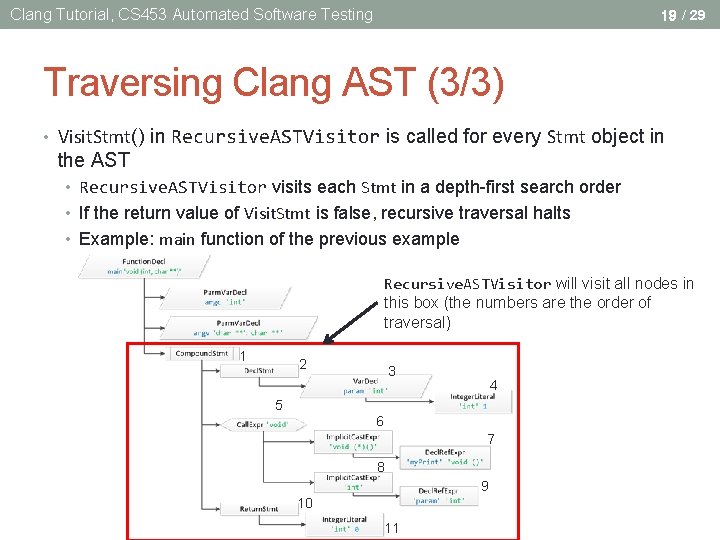 Clang Tutorial, CS 453 Automated Software Testing 19 / 29 Traversing Clang AST (3/3) Clang Tutorial, CS 453 Automated Software Testing 19 / 29 Traversing Clang AST (3/3)