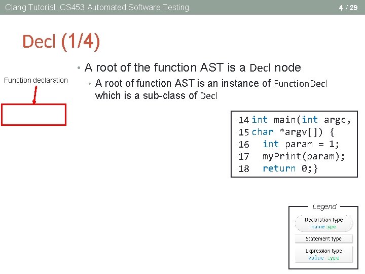 Clang Tutorial, CS 453 Automated Software Testing 4 / 29 Decl (1/4) Function declaration Clang Tutorial, CS 453 Automated Software Testing 4 / 29 Decl (1/4) Function declaration