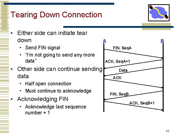 Tearing Down Connection • Either side can initiate tear down • Send FIN signal