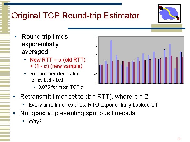 Original TCP Round-trip Estimator • Round trip times exponentially averaged: • New RTT =