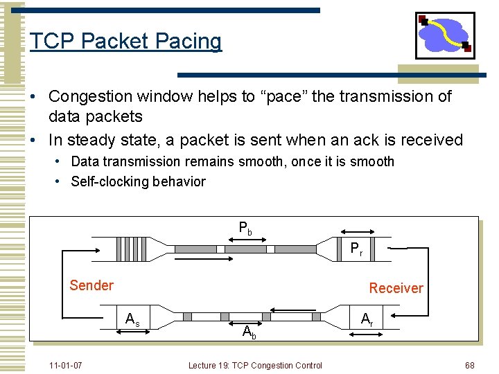 TCP Packet Pacing • Congestion window helps to “pace” the transmission of data packets