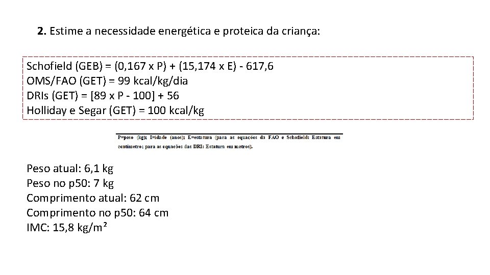 2. Estime a necessidade energética e proteica da criança: Schofield (GEB) = (0, 167