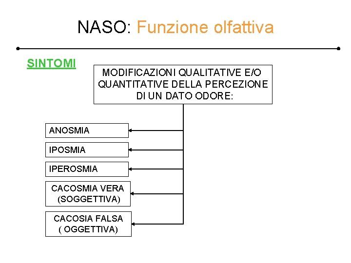 NASO: Funzione olfattiva SINTOMI MODIFICAZIONI QUALITATIVE E/O QUANTITATIVE DELLA PERCEZIONE DI UN DATO ODORE: