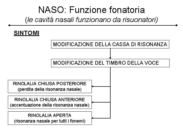 NASO: Funzione fonatoria (le cavità nasali funzionano da risuonatori) SINTOMI MODIFICAZIONE DELLA CASSA DI