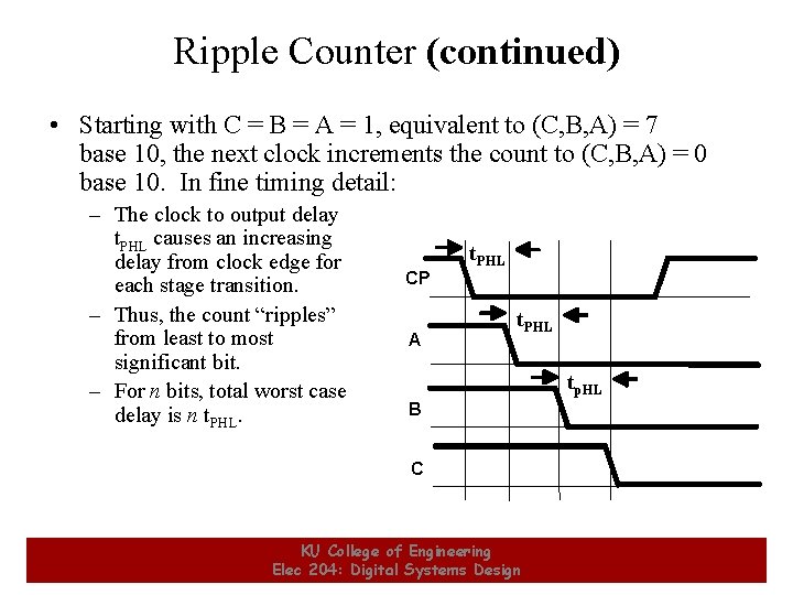 Ripple Counter (continued) • Starting with C = B = A = 1, equivalent