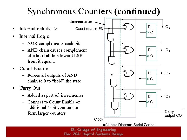 Synchronous Counters (continued) Incrementer • Internal details => • Internal Logic – XOR complements