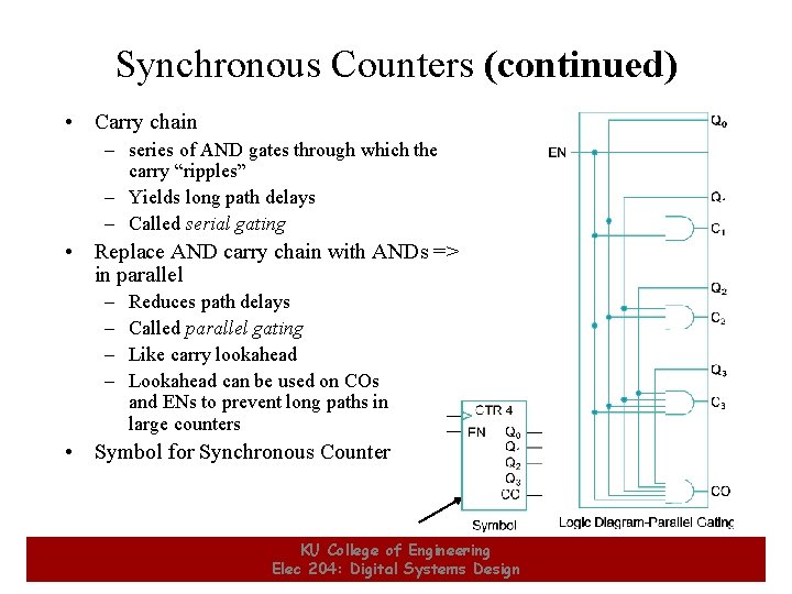 Synchronous Counters (continued) • Carry chain – series of AND gates through which the