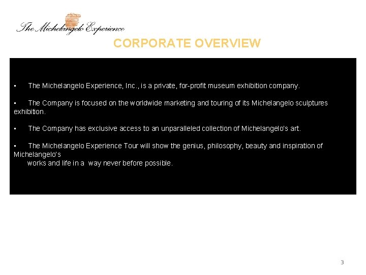 CORPORATE OVERVIEW • The Michelangelo Experience, Inc. , is a private, for-profit museum exhibition