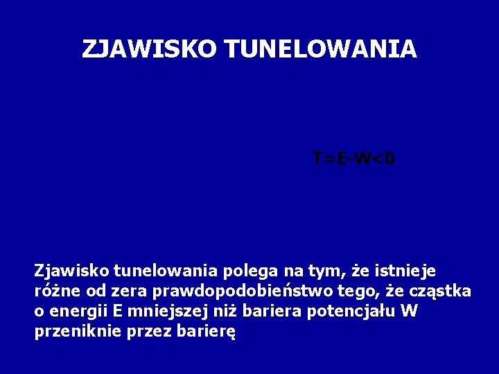 ZJAWISKO TUNELOWANIA T=E-W<0 Zjawisko tunelowania polega na tym, że istnieje różne od zera prawdopodobieństwo