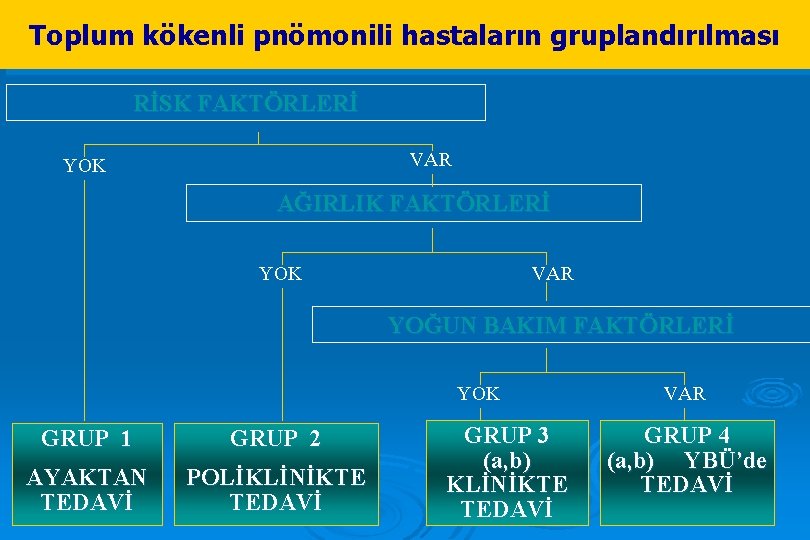 Toplum kökenli pnömonili hastaların gruplandırılması RİSK FAKTÖRLERİ VAR YOK AĞIRLIK FAKTÖRLERİ YOK VAR YOĞUN