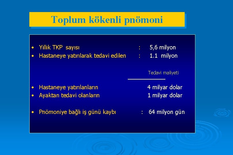 Toplum kökenli pnömoni • Yıllık TKP sayısı • Hastaneye yatırılarak tedavi edilen : :