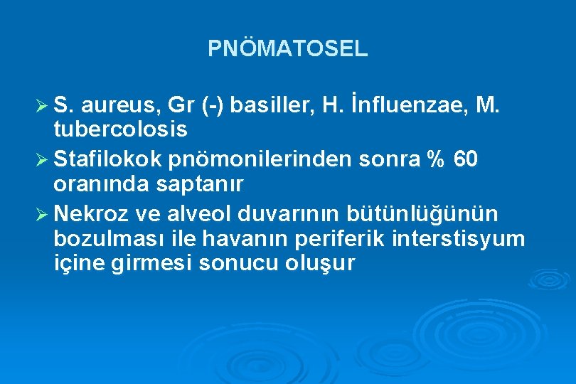PNÖMATOSEL Ø S. aureus, Gr (-) basiller, H. İnfluenzae, M. tubercolosis Ø Stafilokok pnömonilerinden