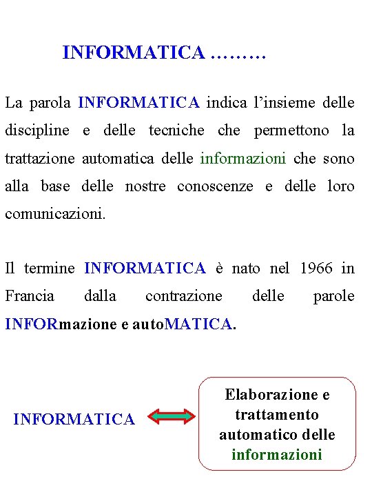 INFORMATICA ……… La parola INFORMATICA indica l’insieme delle discipline e delle tecniche permettono la