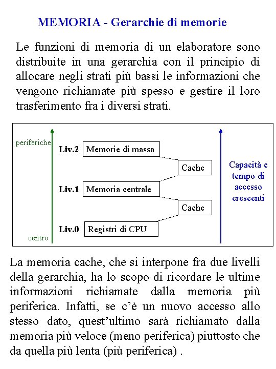 MEMORIA - Gerarchie di memorie Le funzioni di memoria di un elaboratore sono distribuite