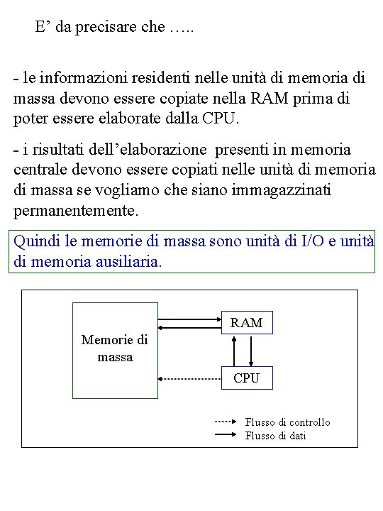 E’ da precisare che …. . - le informazioni residenti nelle unità di memoria E’ da precisare che …. . - le informazioni residenti nelle unità di memoria
