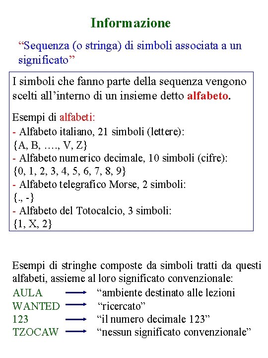 Informazione “Sequenza (o stringa) di simboli associata a un significato” I simboli che fanno Informazione “Sequenza (o stringa) di simboli associata a un significato” I simboli che fanno