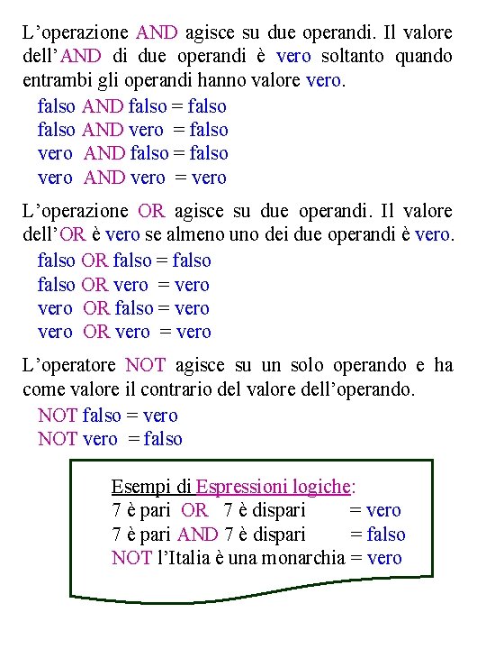 L’operazione AND agisce su due operandi. Il valore dell’AND di due operandi è vero