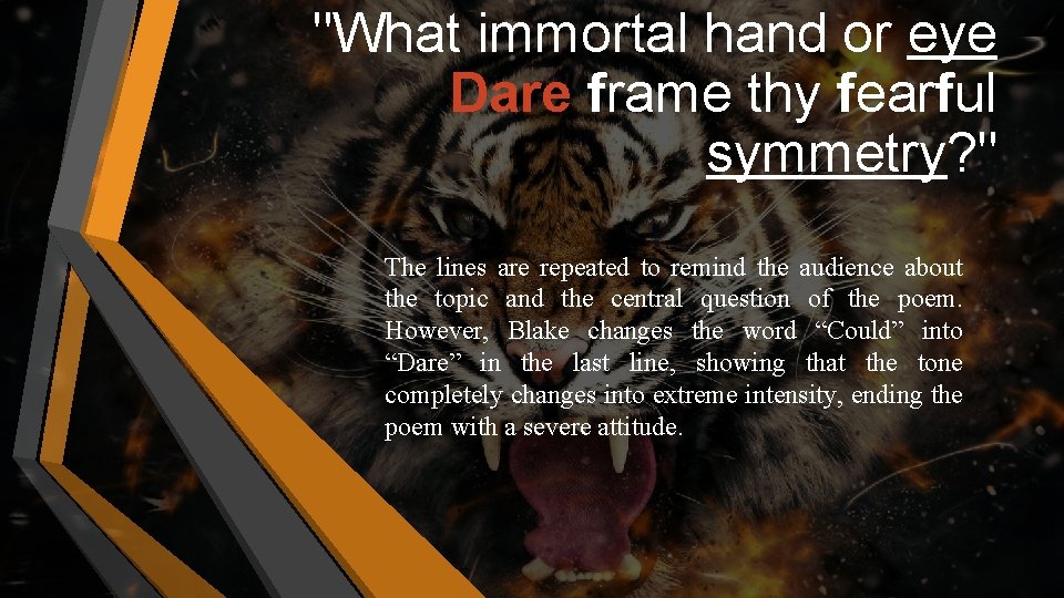 "What immortal hand or eye Dare frame thy fearful symmetry? " The lines are