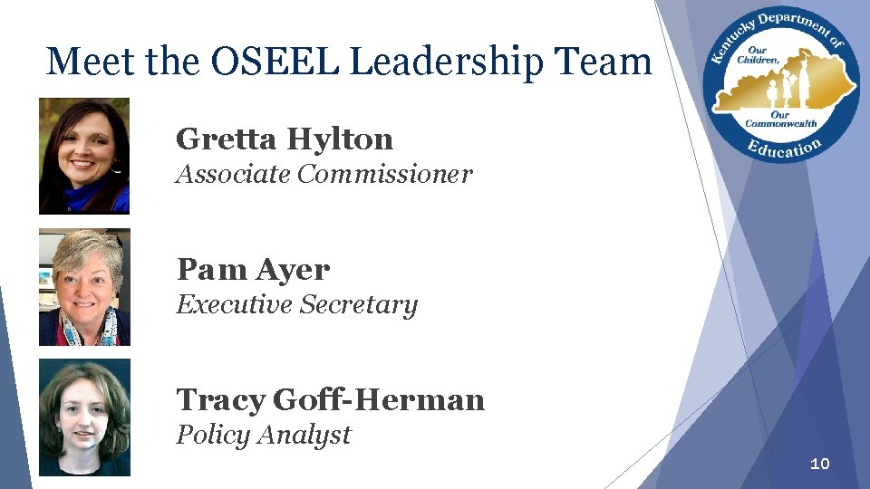 Meet the OSEEL Leadership Team Gretta Hylton Associate Commissioner Pam Ayer Executive Secretary Tracy