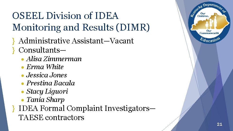 OSEEL Division of IDEA Monitoring and Results (DIMR) } Administrative Assistant—Vacant } Consultants— ●