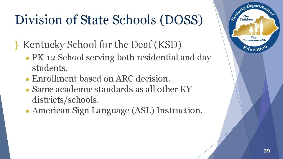 Division of State Schools (DOSS) } Kentucky School for the Deaf (KSD) PK-12 School