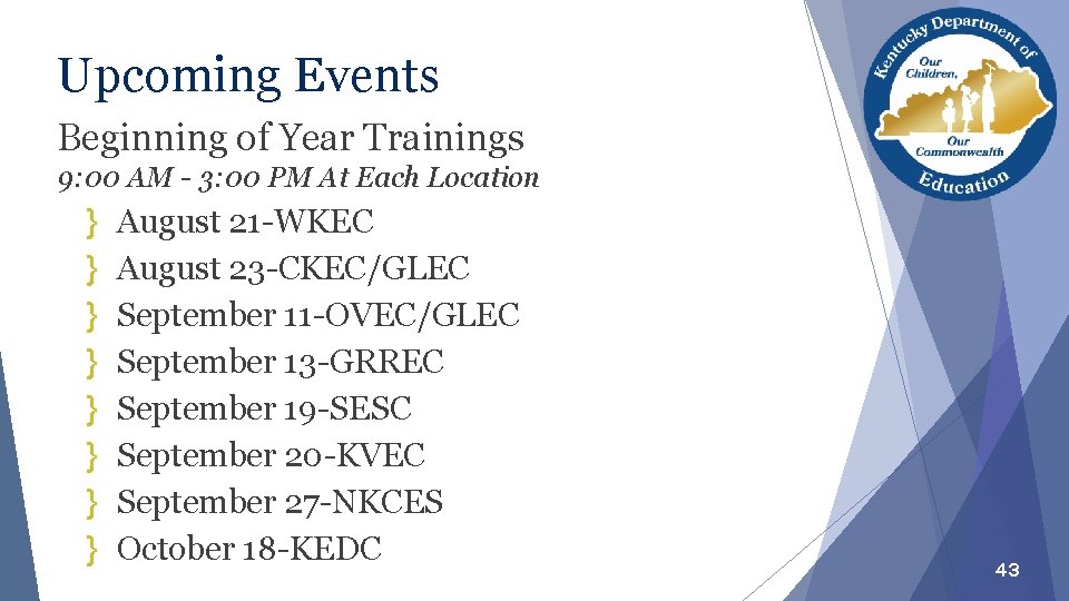 Upcoming Events Beginning of Year Trainings 9: 00 AM - 3: 00 PM At