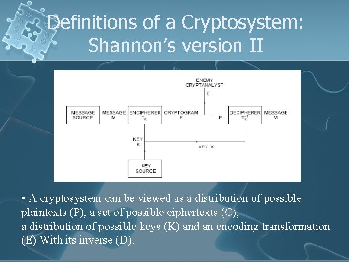 Definitions of a Cryptosystem: Shannon’s version II • A cryptosystem can be viewed as