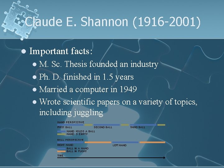 Claude E. Shannon (1916 -2001) l Important facts: M. Sc. Thesis founded an industry