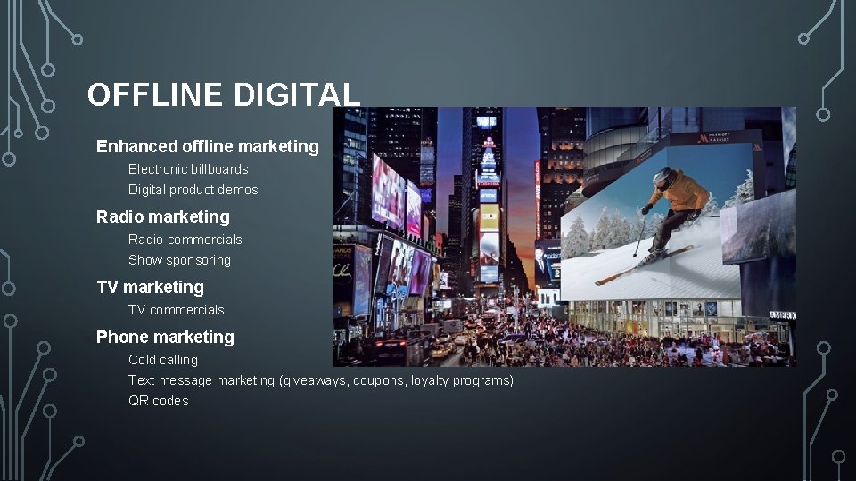 OFFLINE DIGITAL Enhanced offline marketing Electronic billboards Digital product demos Radio marketing Radio commercials