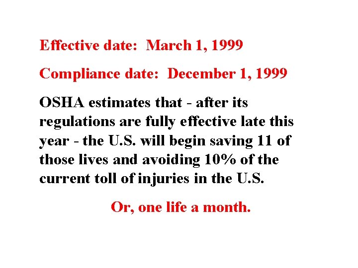 Effective date: March 1, 1999 Compliance date: December 1, 1999 OSHA estimates that -